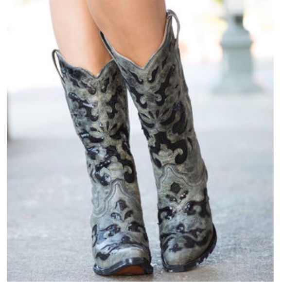 Corral Crater Sequin Inlay Cowboy Boots Snip Toe Western Black Gray 9.5 EUC - Picture 10 of 10